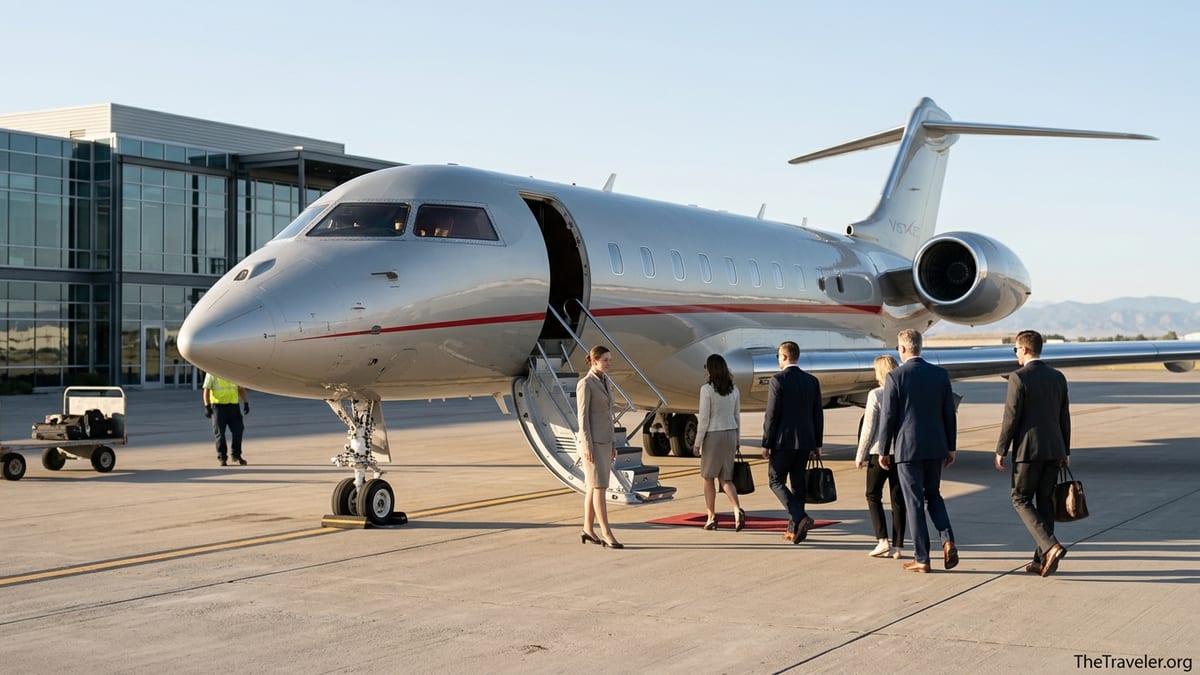 Travelers boarding a VistaJet private jet at a private terminal during golden hour.