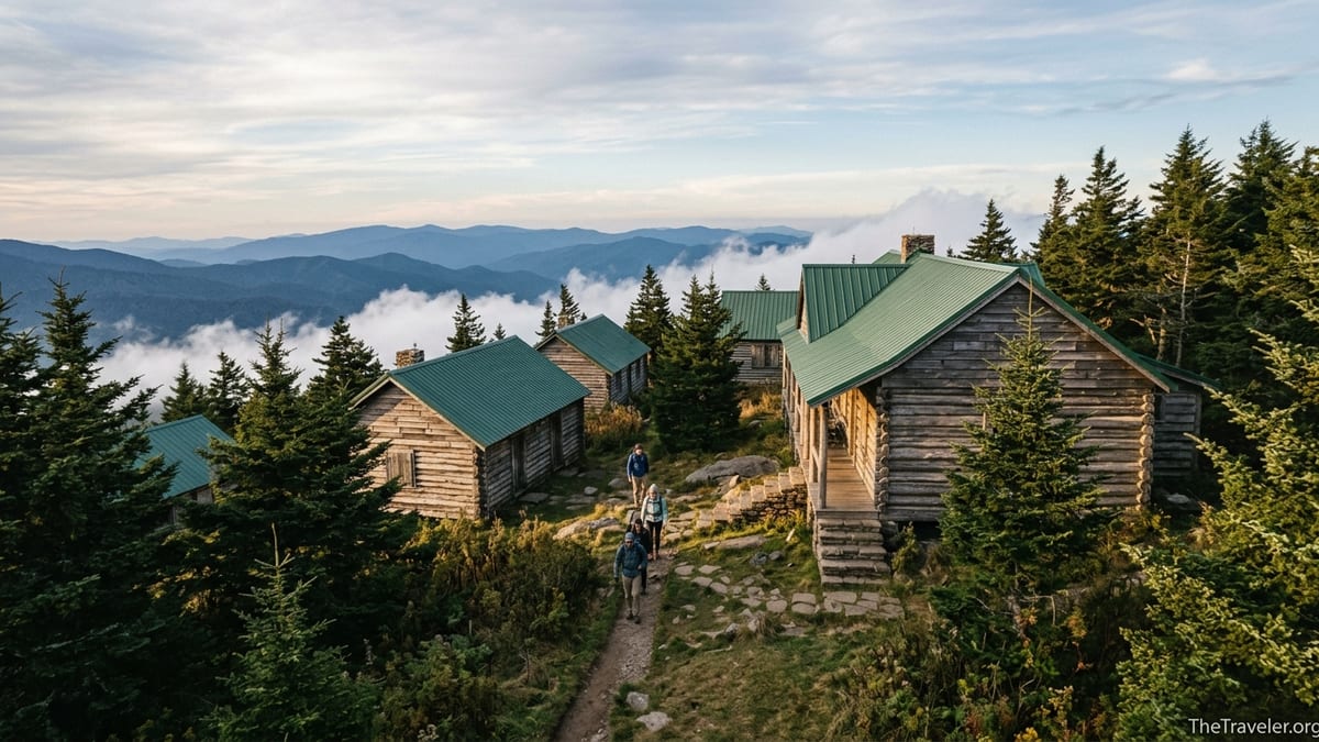 LeConte Lodge cabins on Mount Le Conte above a cloud-filled Smoky Mountain valley at golden hour.