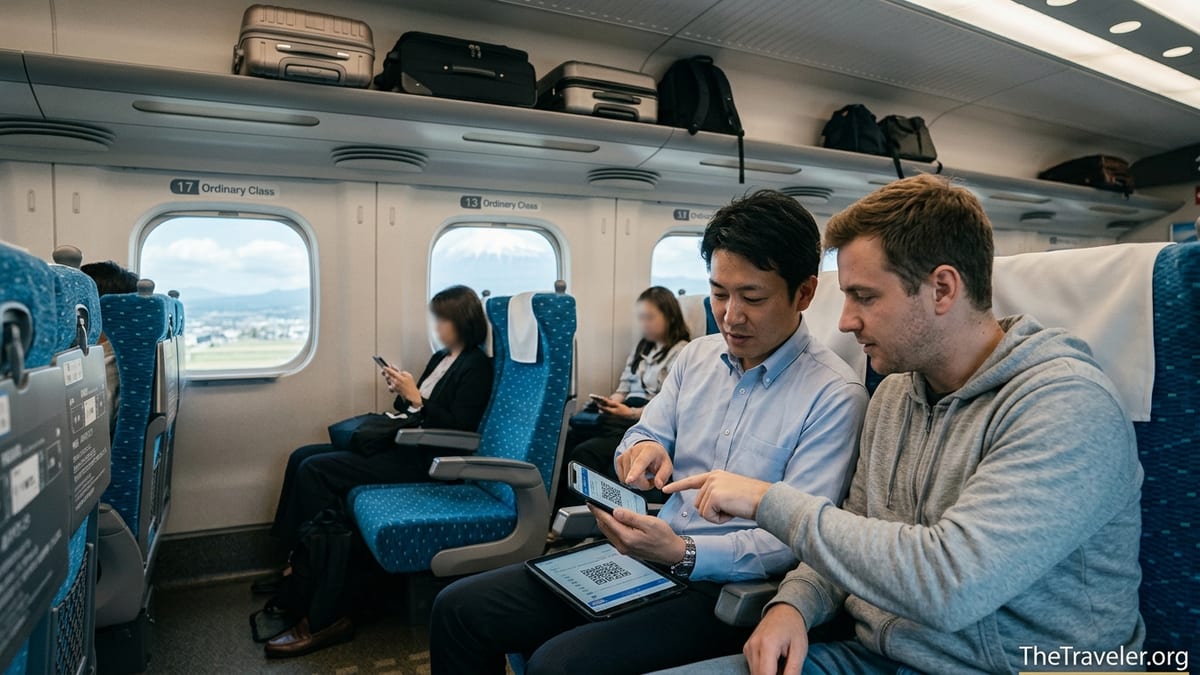Passengers checking QR tickets on a Shinkansen with Mount Fuji visible through the window.
