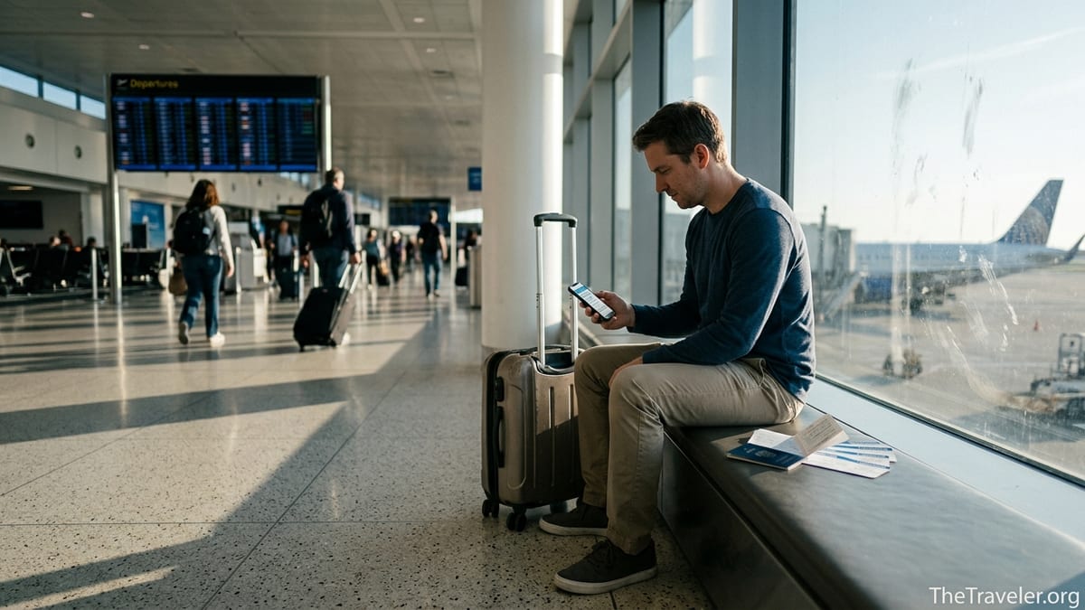 Traveler in airport using a smartphone travel insurance app beside a carry-on bag and passport.