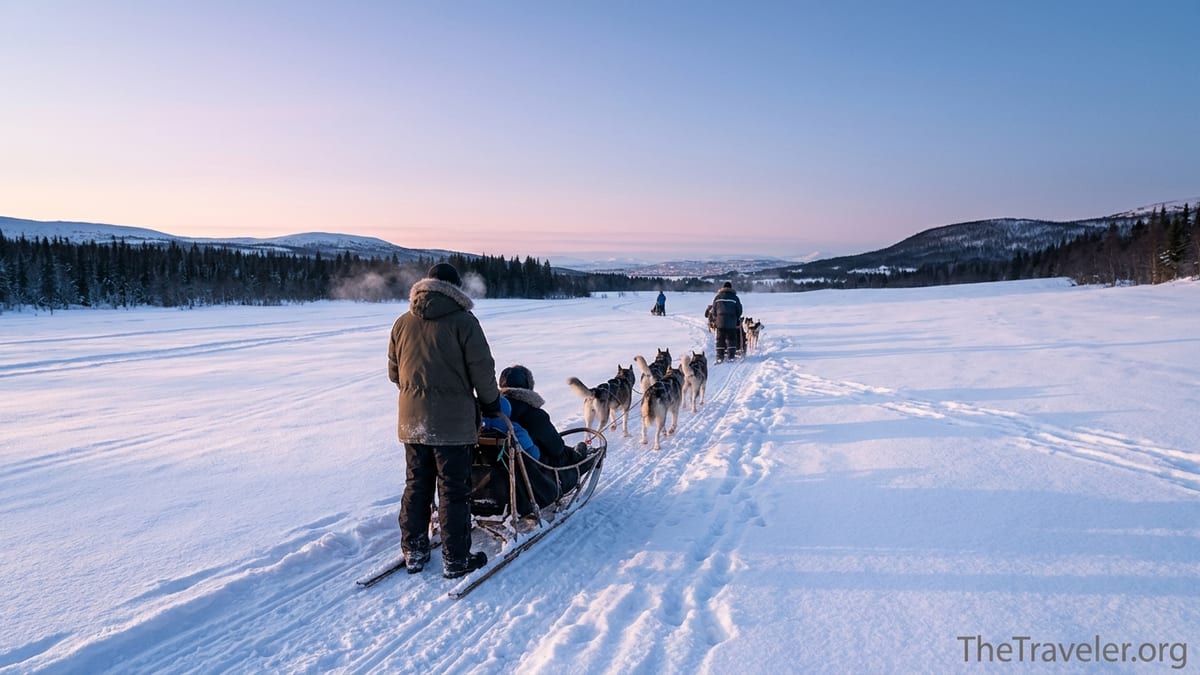 Travelers driving husky sleds across a snowy Arctic valley near Tromsø at blue hour.