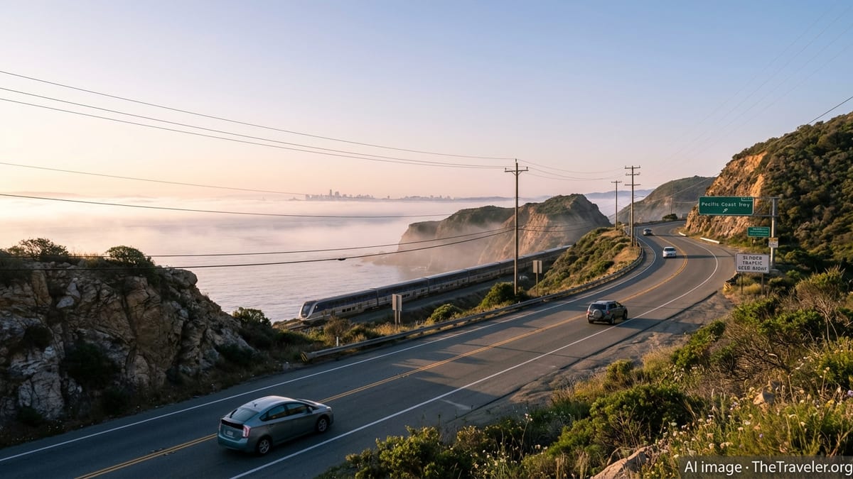 Cars on a California coastal highway with a passenger train below and the Pacific Ocean at sunrise.