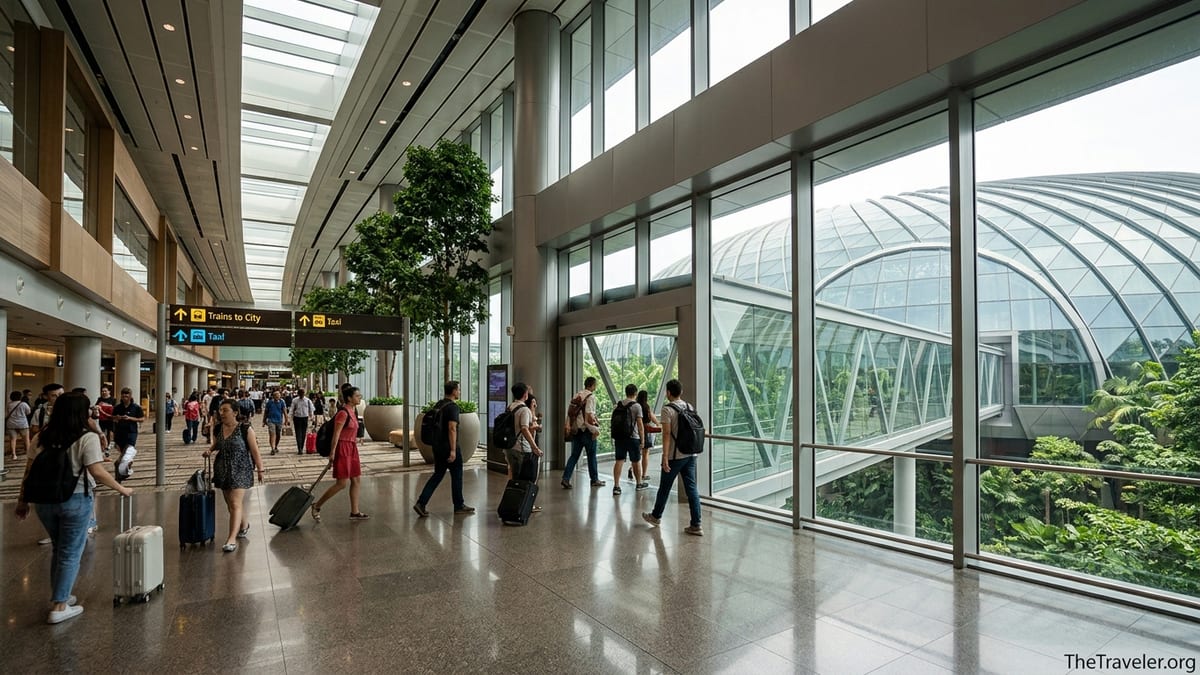 Travelers at Singapore Changi Airport walking toward Jewel and city transport signs.