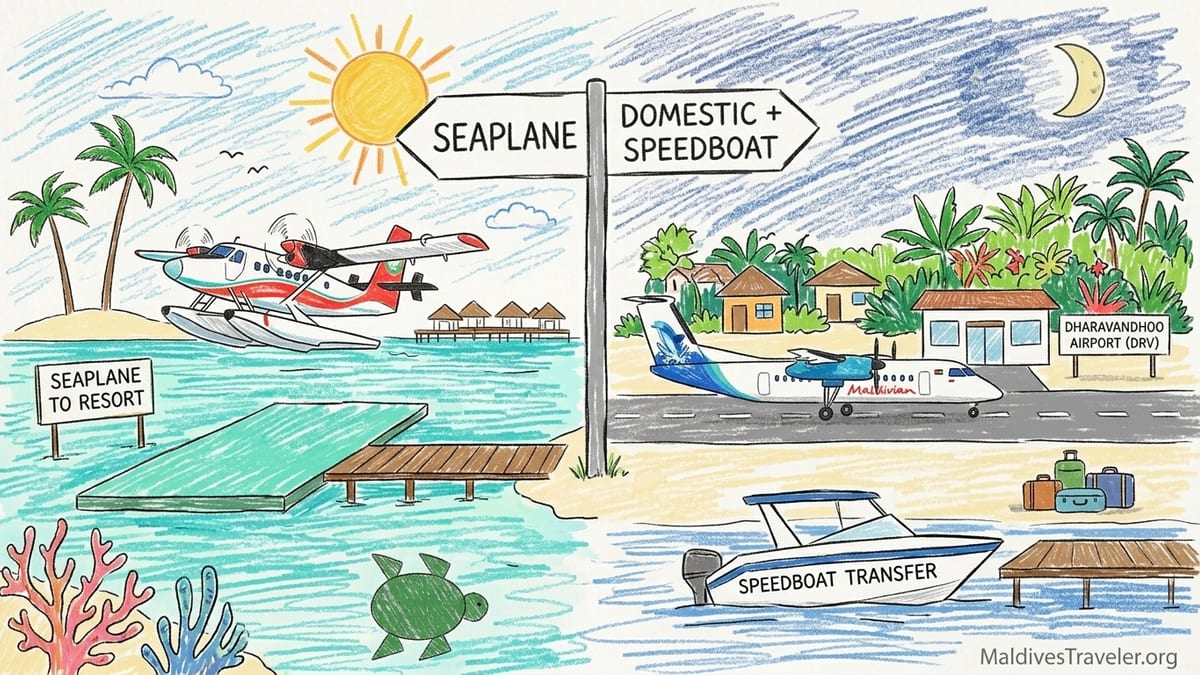 A seaplane flying over Baa Atoll islands and Dharavandhoo runway in the Maldives.