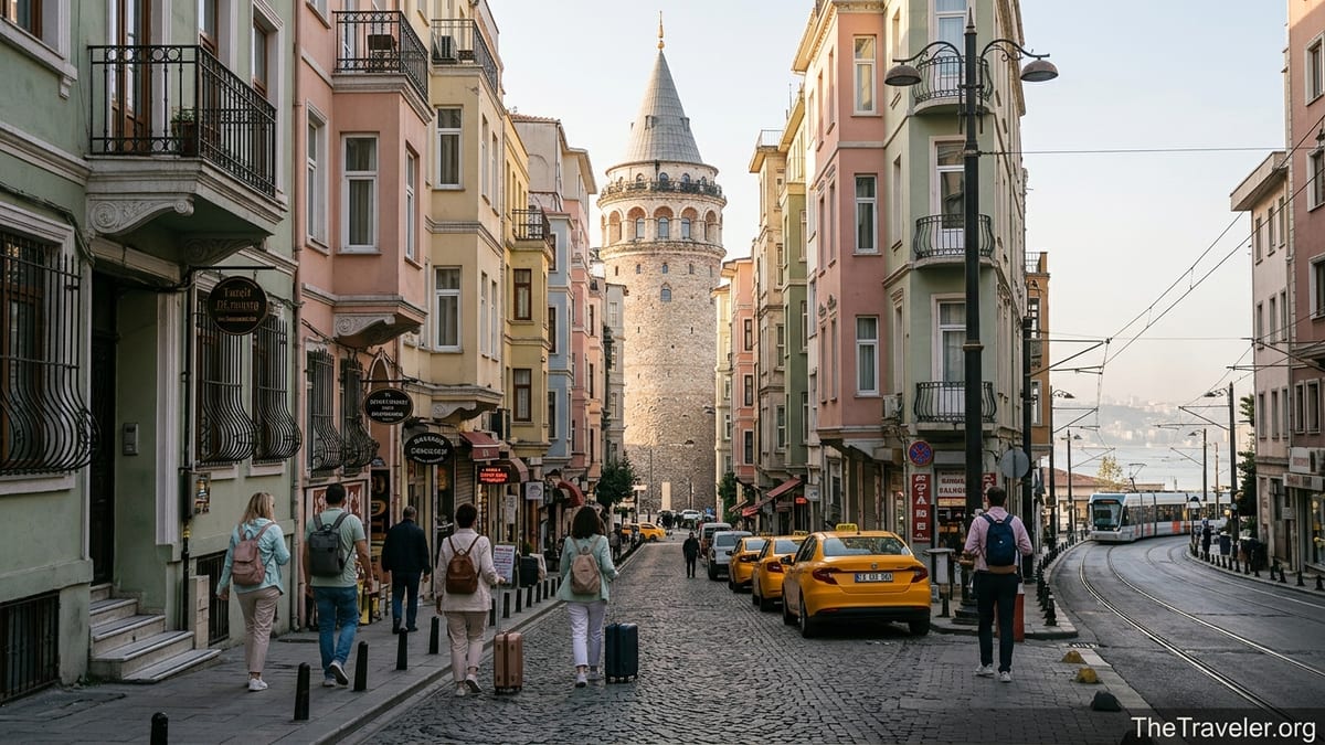 View of Galata Tower above cobbled street with people walking downhill from Şişhane in Istanbul.