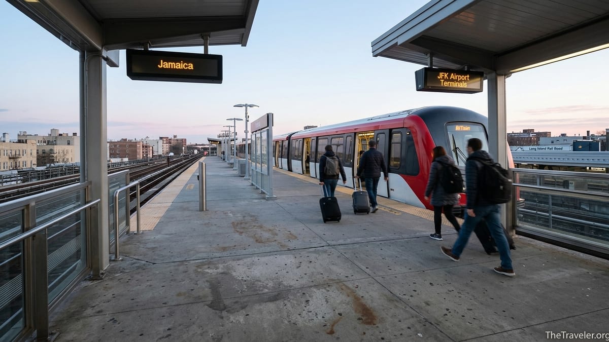 Travelers boarding the AirTrain to JFK at Jamaica Station on an early morning platform.
