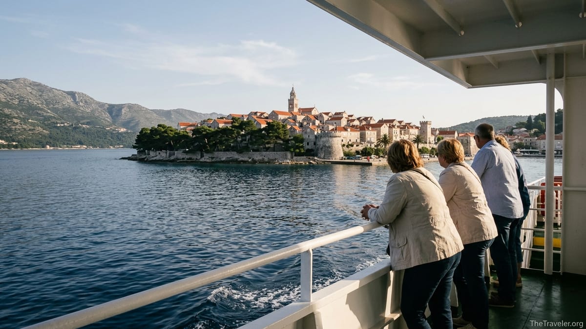 View from a ferry approaching Korčula Town with passengers looking at the historic waterfront.