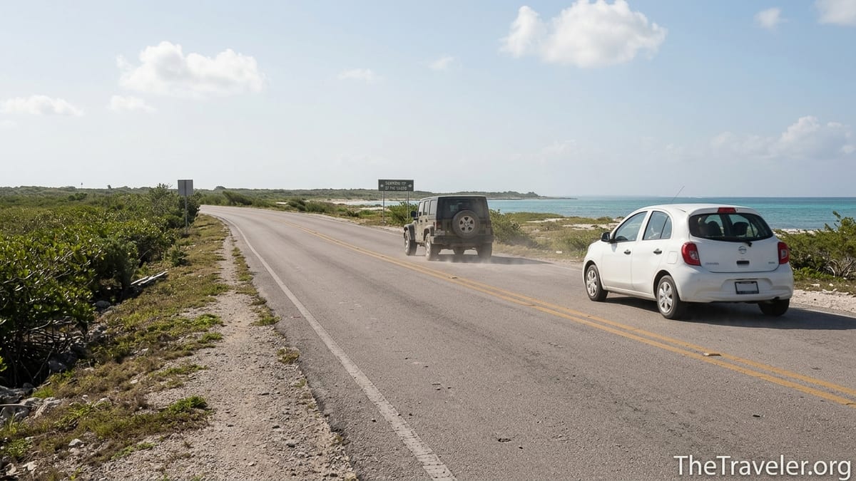 Coastal road on Cozumel with a rental car and Jeep driving toward Punta Sur on a sunny day.
