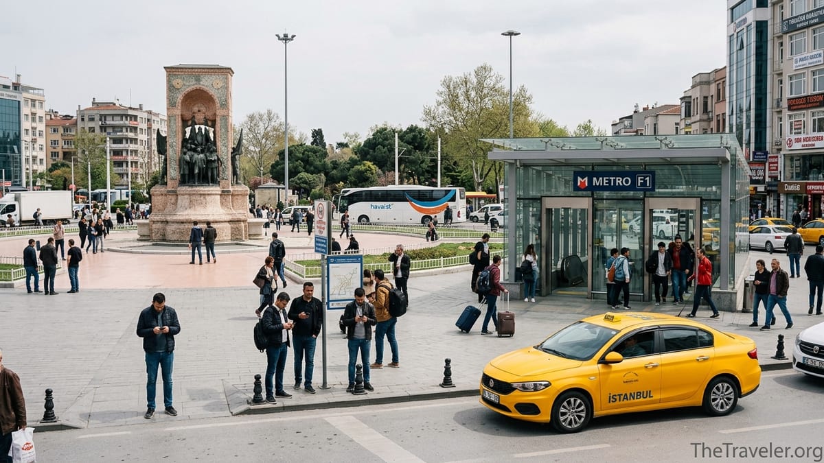 Travelers with suitcases arriving at Taksim Square near metro entrance and yellow taxi in Istanbul.