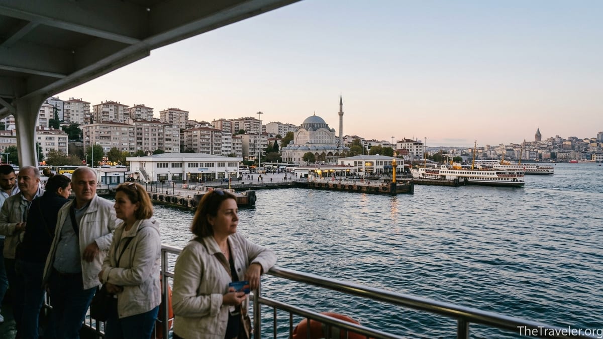 Ferry approaching Üsküdar waterfront at sunset with mosque and hillside buildings in view.