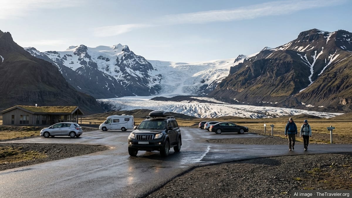 Parking area at Skaftafell with cars and Vatnajökull glacier and mountains in the background.