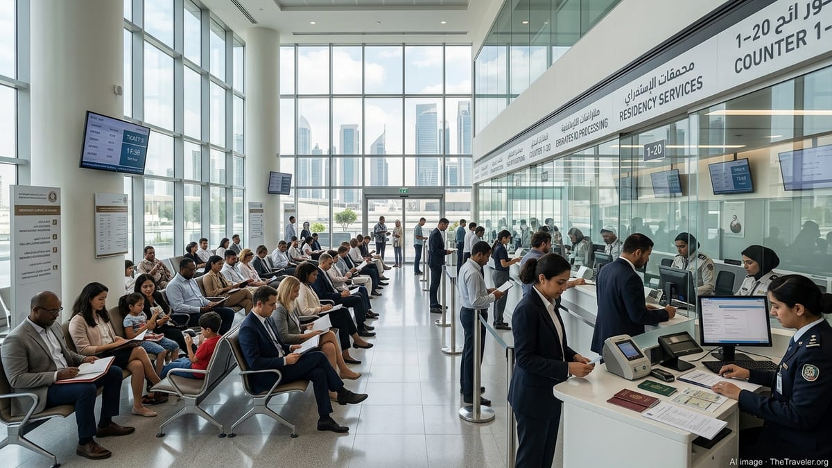 Foreign residents applying for visas at a modern UAE immigration service center.