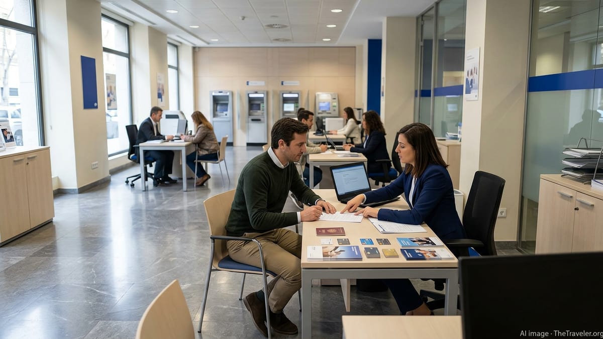Customer opening a bank account with an advisor in a modern Spanish bank branch.