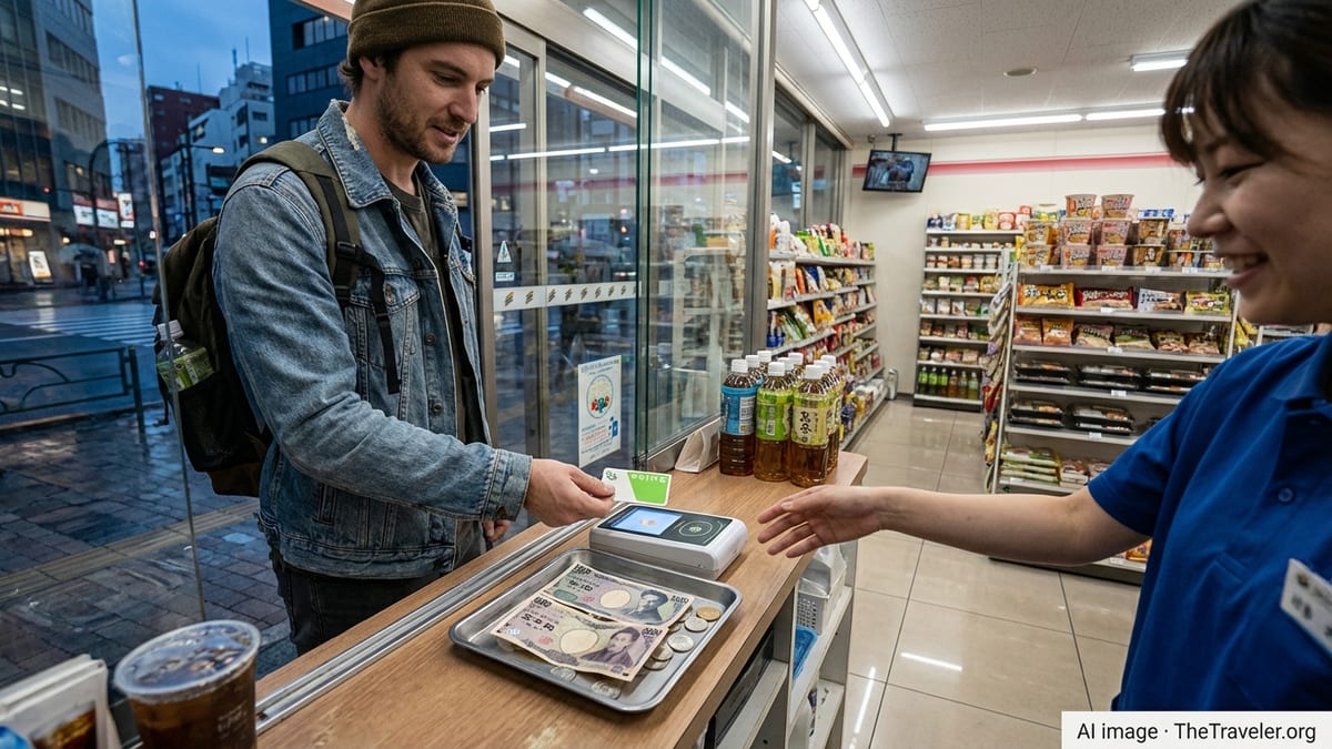 Tourist paying with an IC card and yen cash at a Tokyo convenience store counter