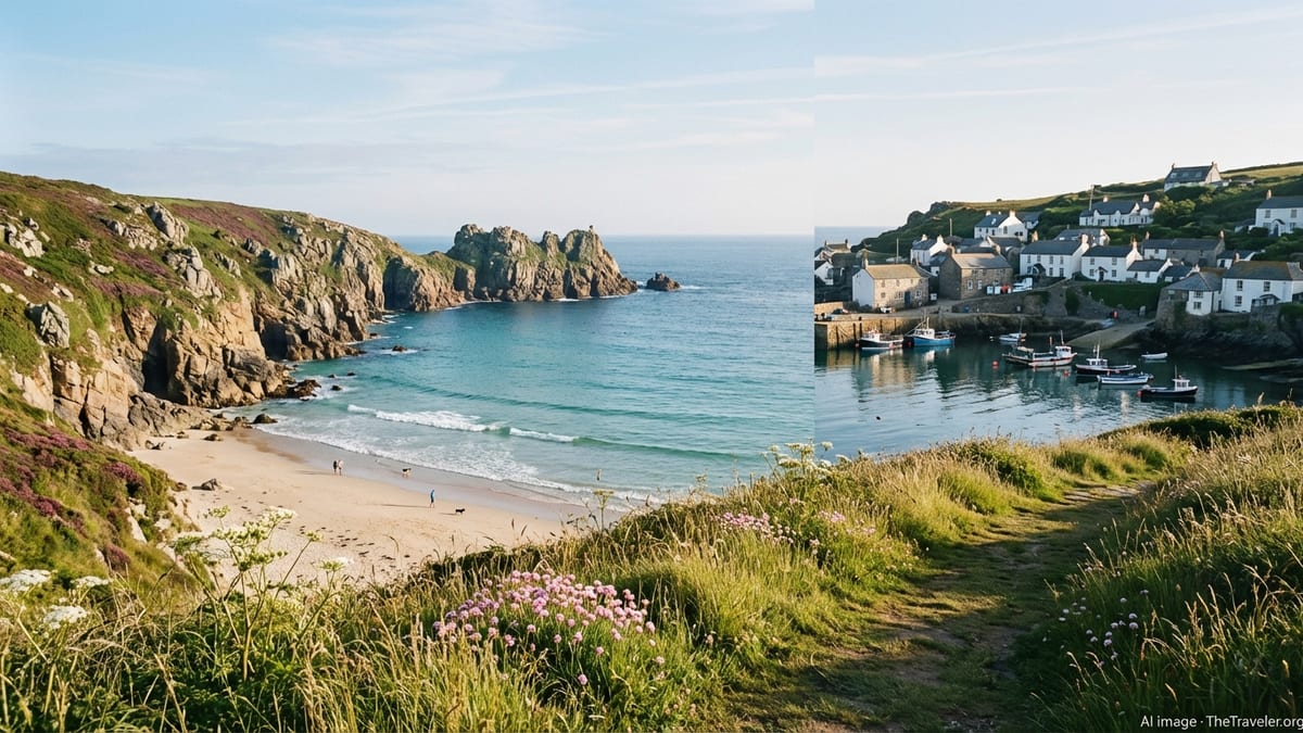 Sunrise over a Cornish beach and cliffside village seen from the coastal path.