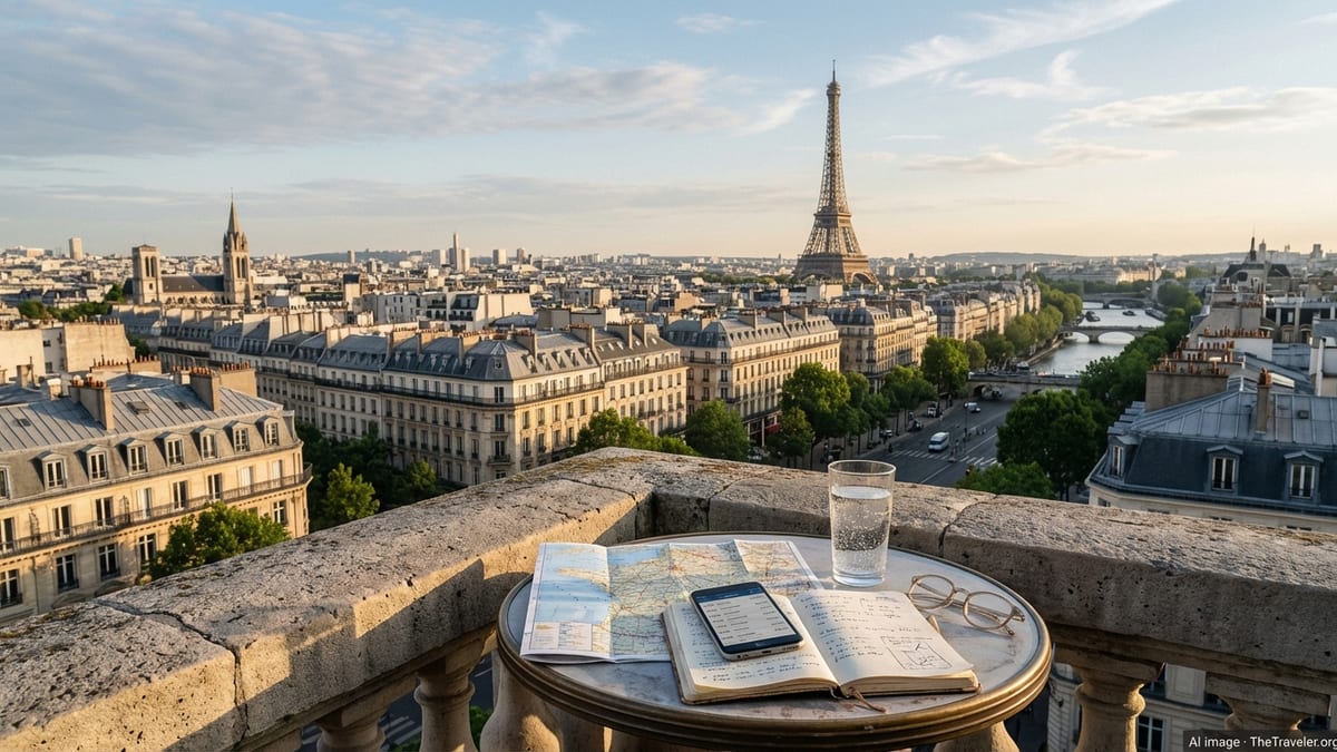 View over Paris rooftops and Eiffel Tower from a terrace with travel map and notebook on a café table.