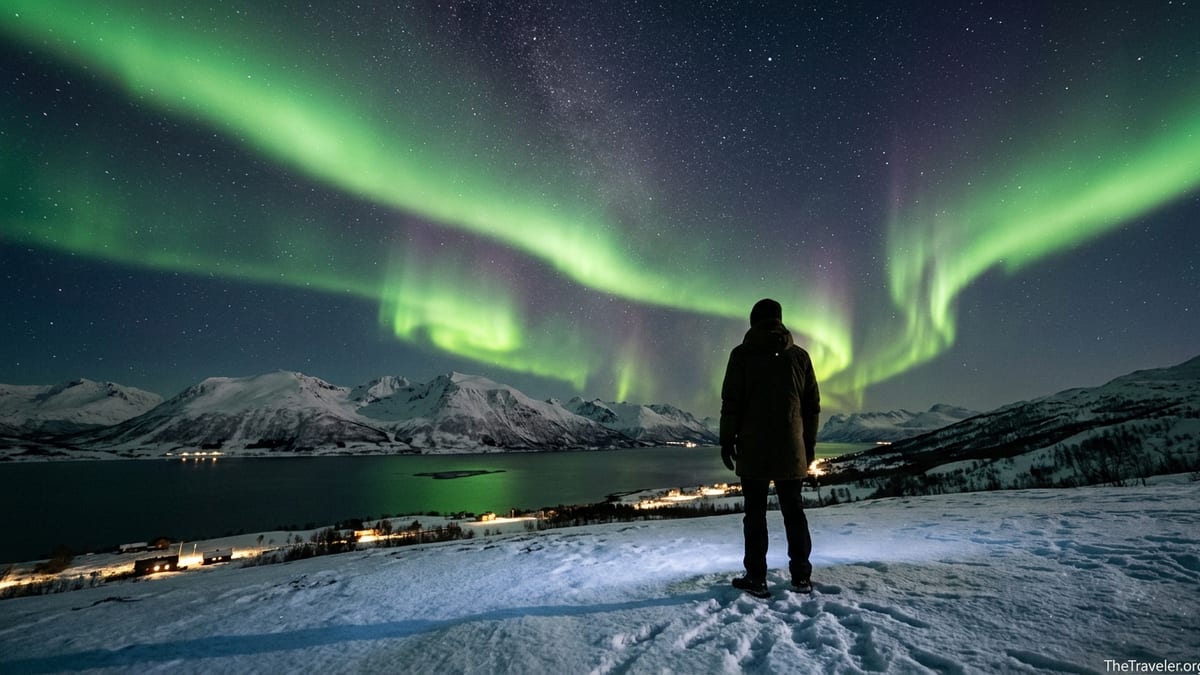 Traveler on a snowy hill near a Norwegian fjord watching bright green aurora curtains overhead.