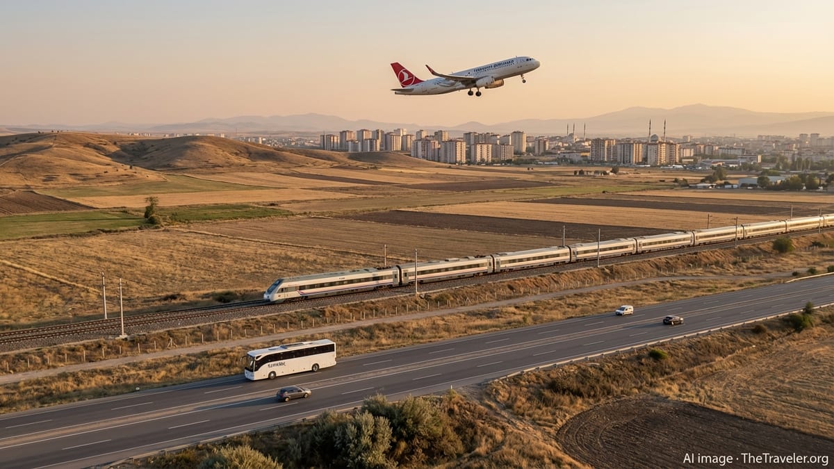 Aerial view of train, plane, and bus crossing central Turkey at sunset
