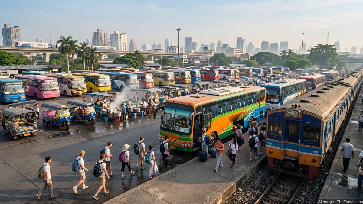 Travelers boarding buses and trains at a Thai station in soft morning light