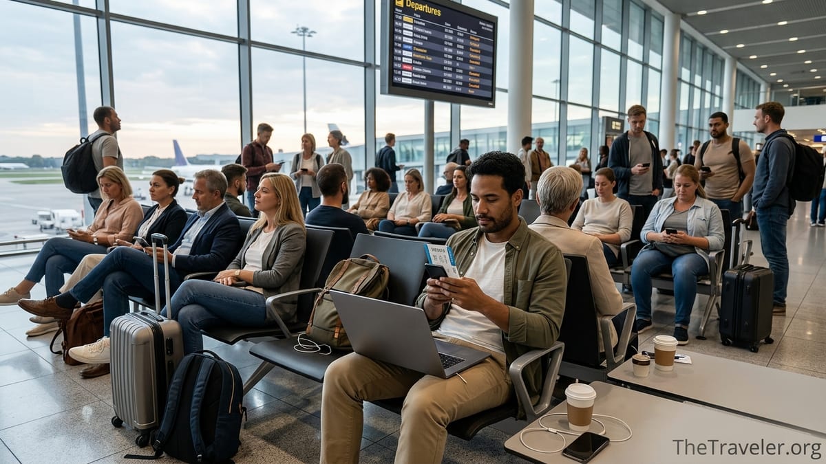 Traveler in airport terminal checking phone and laptop after a flight delay.