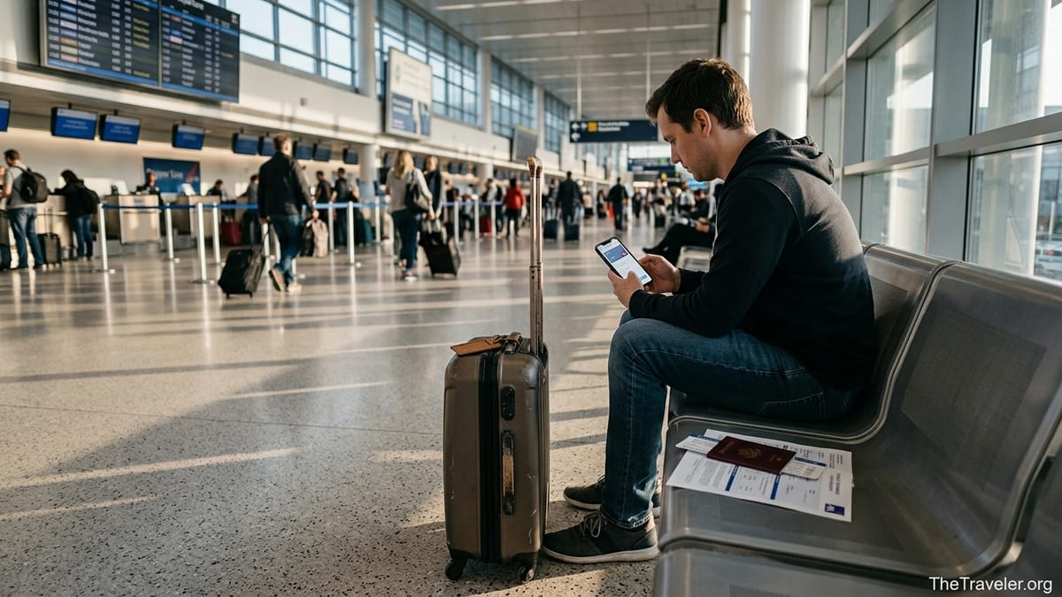 Traveler in an airport reviewing AXA travel insurance documents and digital card before departure.