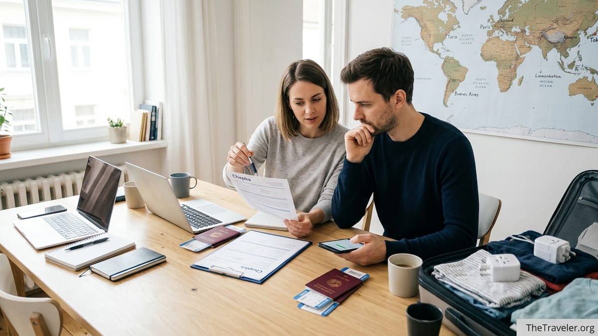 Couple at a kitchen table reviewing travel insurance documents before a trip.