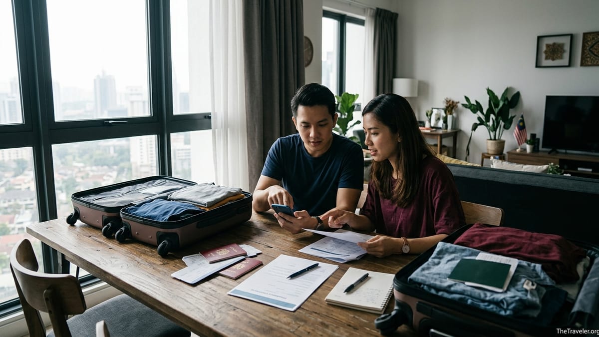 Couple at home reviewing travel insurance on laptop while packing suitcases.