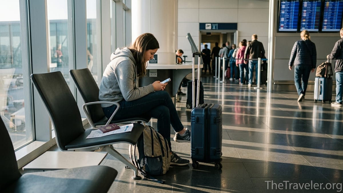Traveler checking a travel insurance app on their phone in a bright airport terminal.