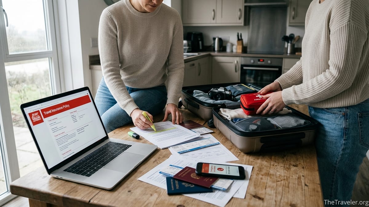 Travelers reviewing Generali-style travel insurance documents while packing suitcases at a kitchen table.