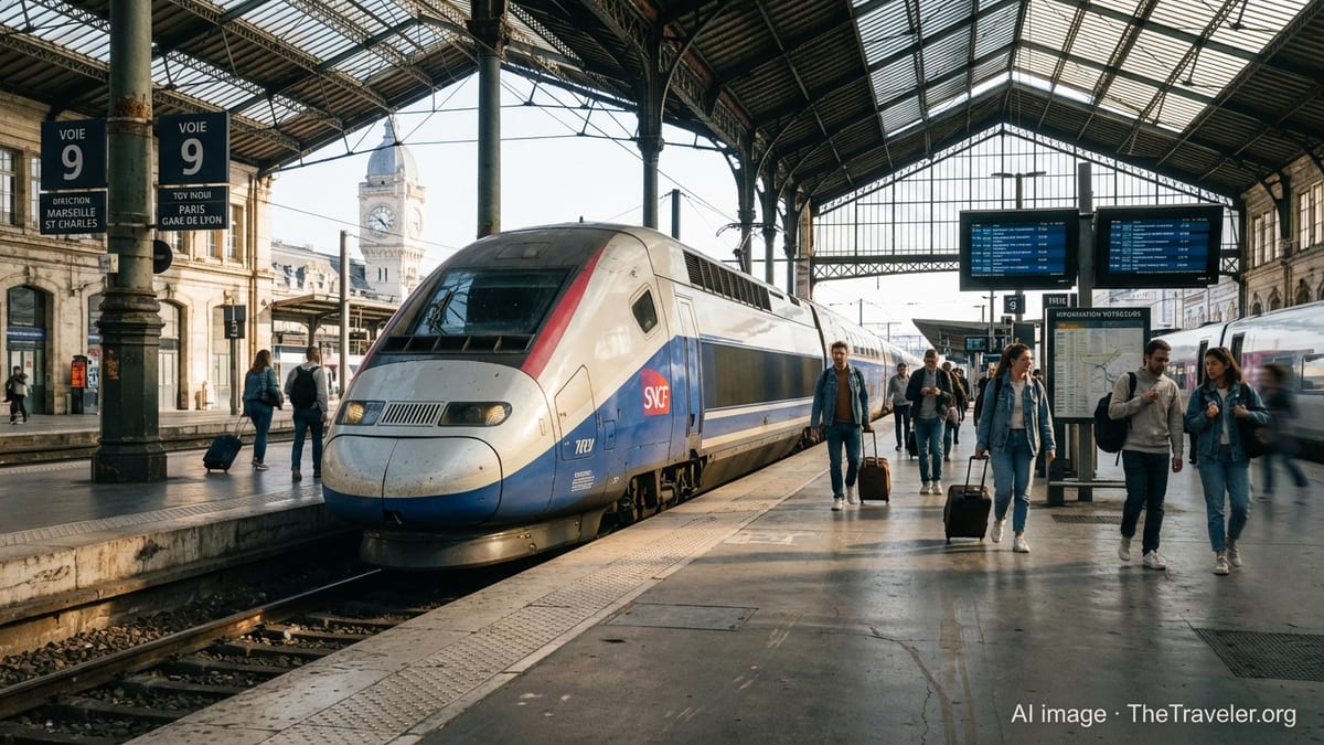 TGV high speed train at a busy French station platform with travelers boarding.