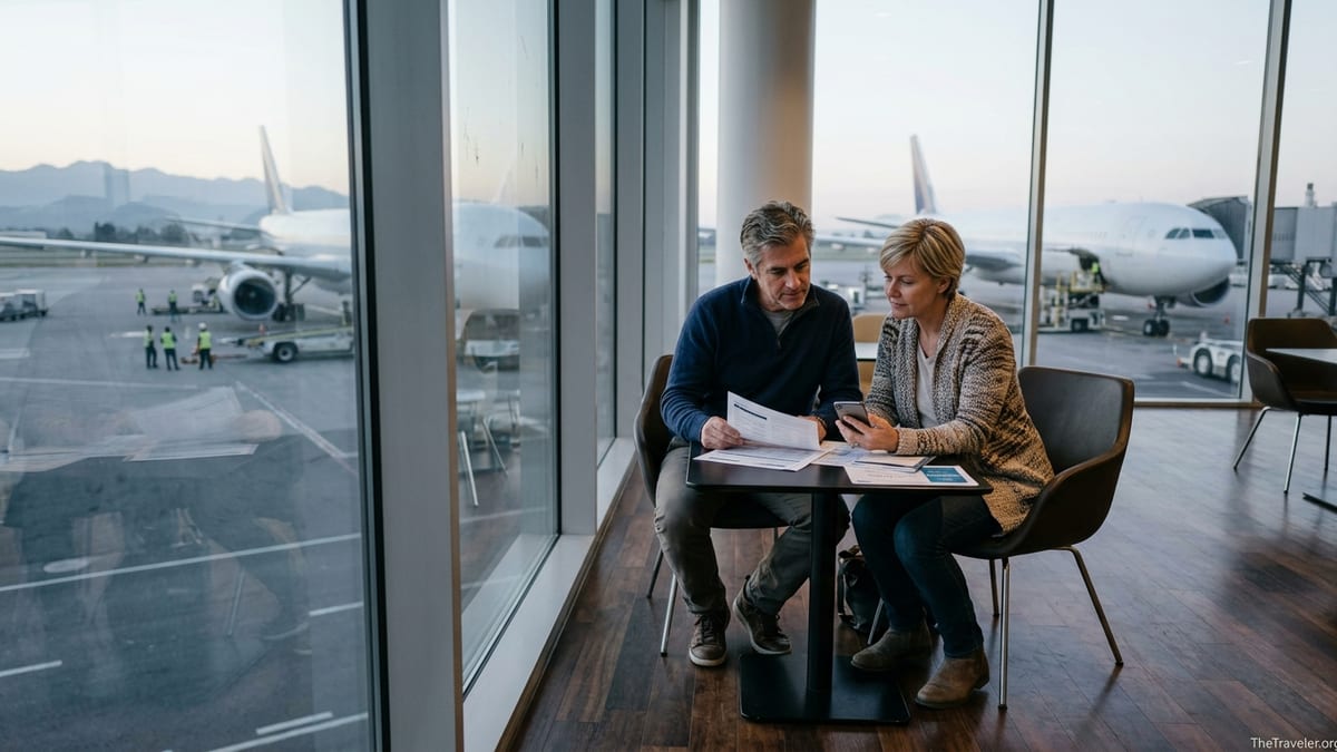 Couple in an airport lounge reviewing travel and medical evacuation documents at sunrise.