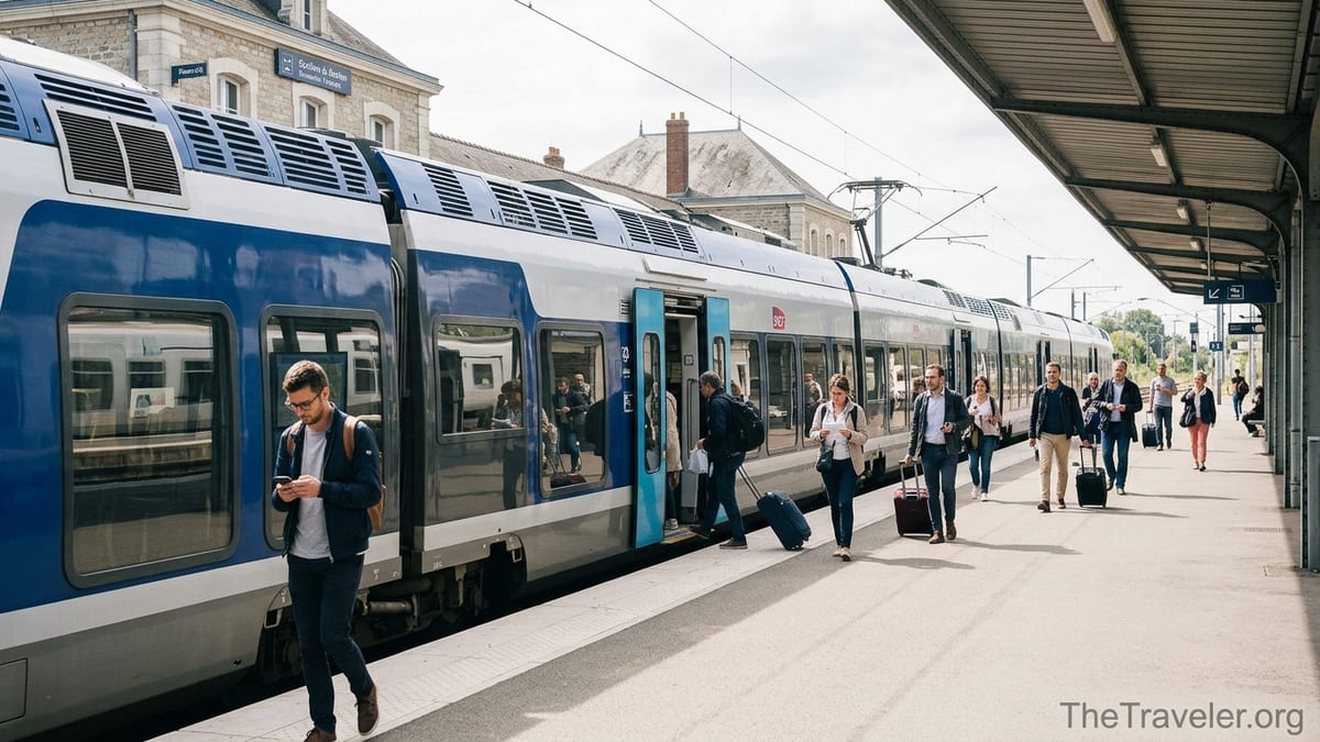 Travelers boarding a French TER regional train at a sunny small-town station