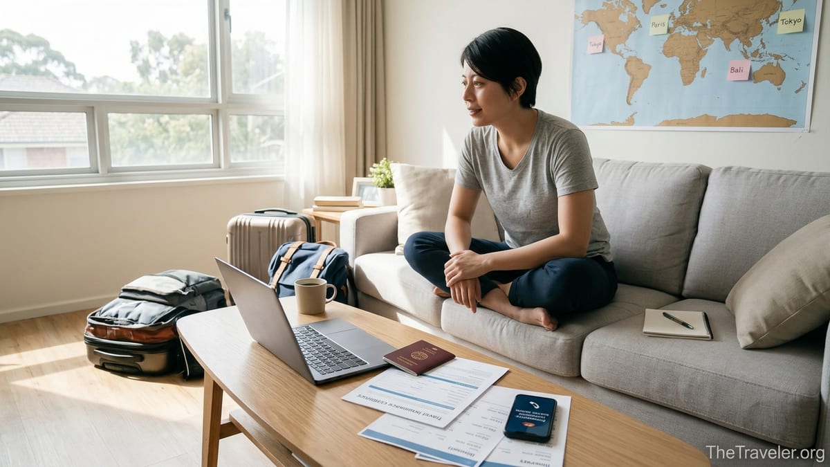 Traveller at home reviewing Travel Insurance Direct documents and packing before a trip.