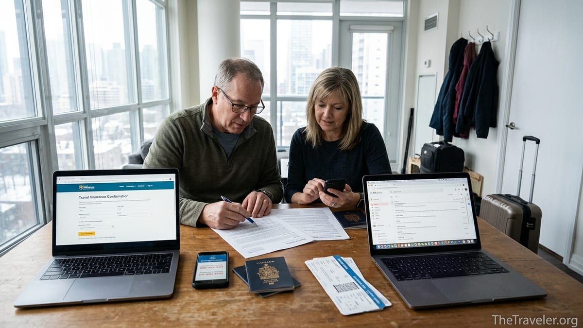 Couple reviewing travel insurance documents at home before an international trip.