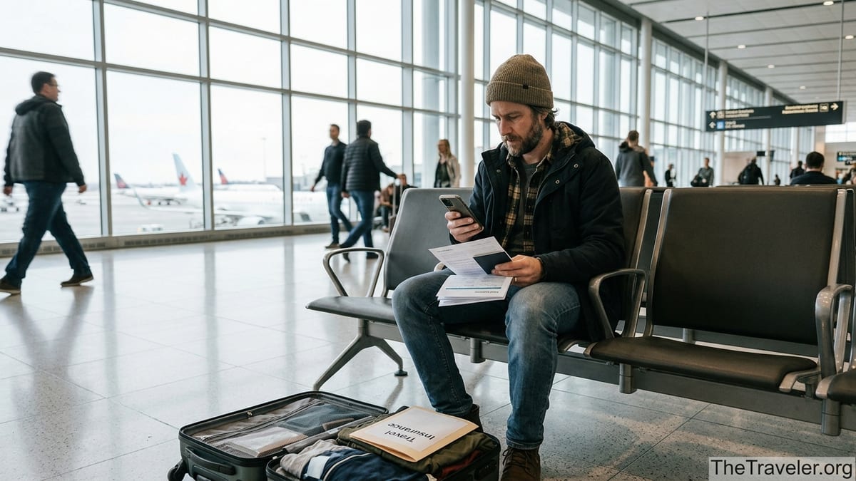 Traveler in Canadian airport reviewing TuGo travel insurance documents before boarding.