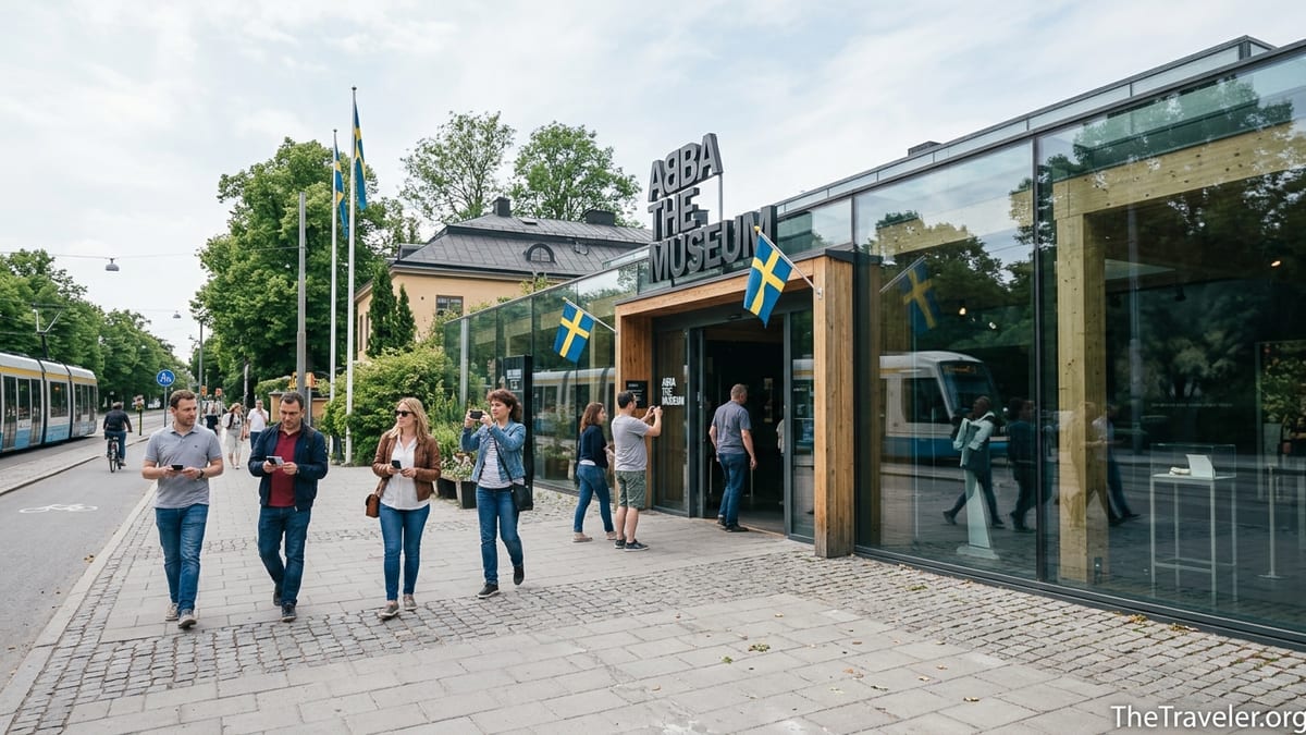 Visitors walk toward the glass-front entrance of ABBA The Museum on Djurgården in Stockholm.