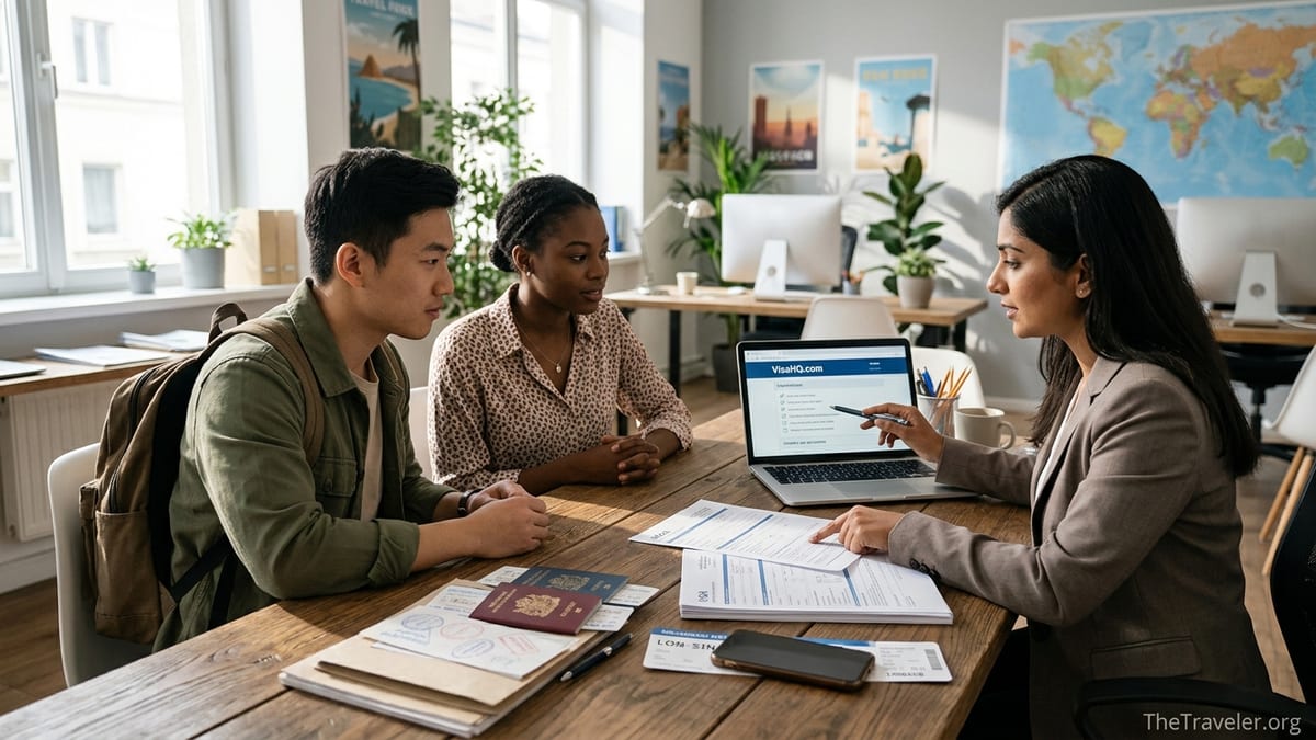 Traveler couple reviewing visa documents with a consultant in a bright office.