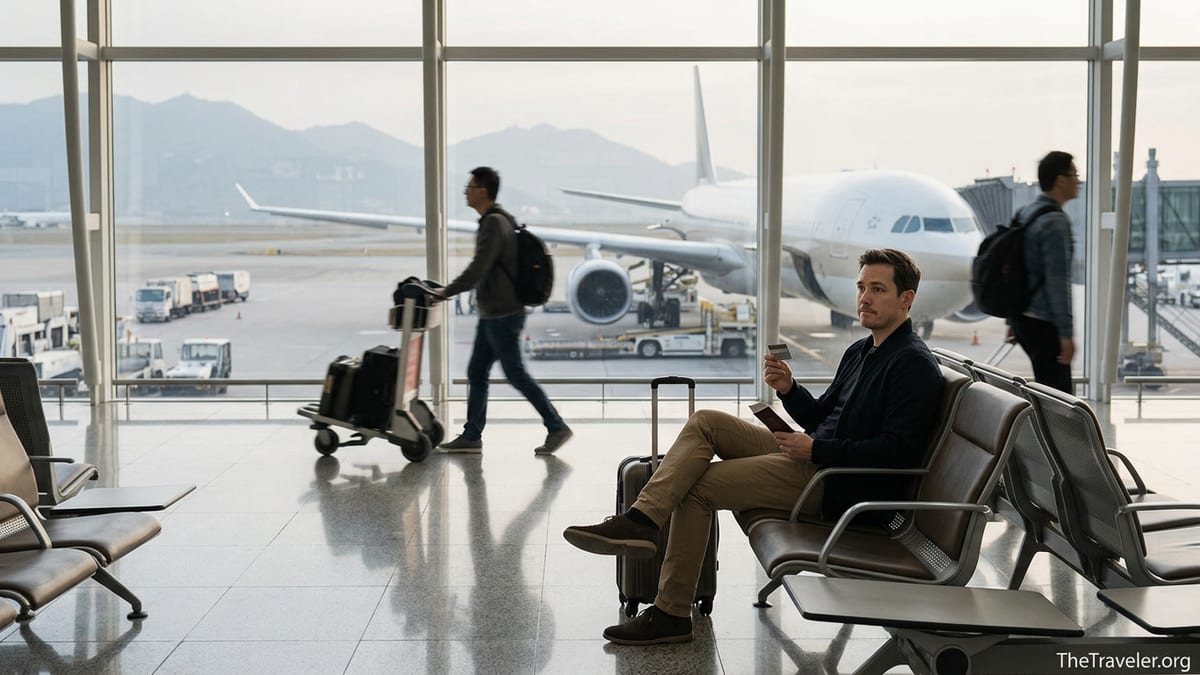 Traveller at Hong Kong airport weighing a credit card decision before a flight.