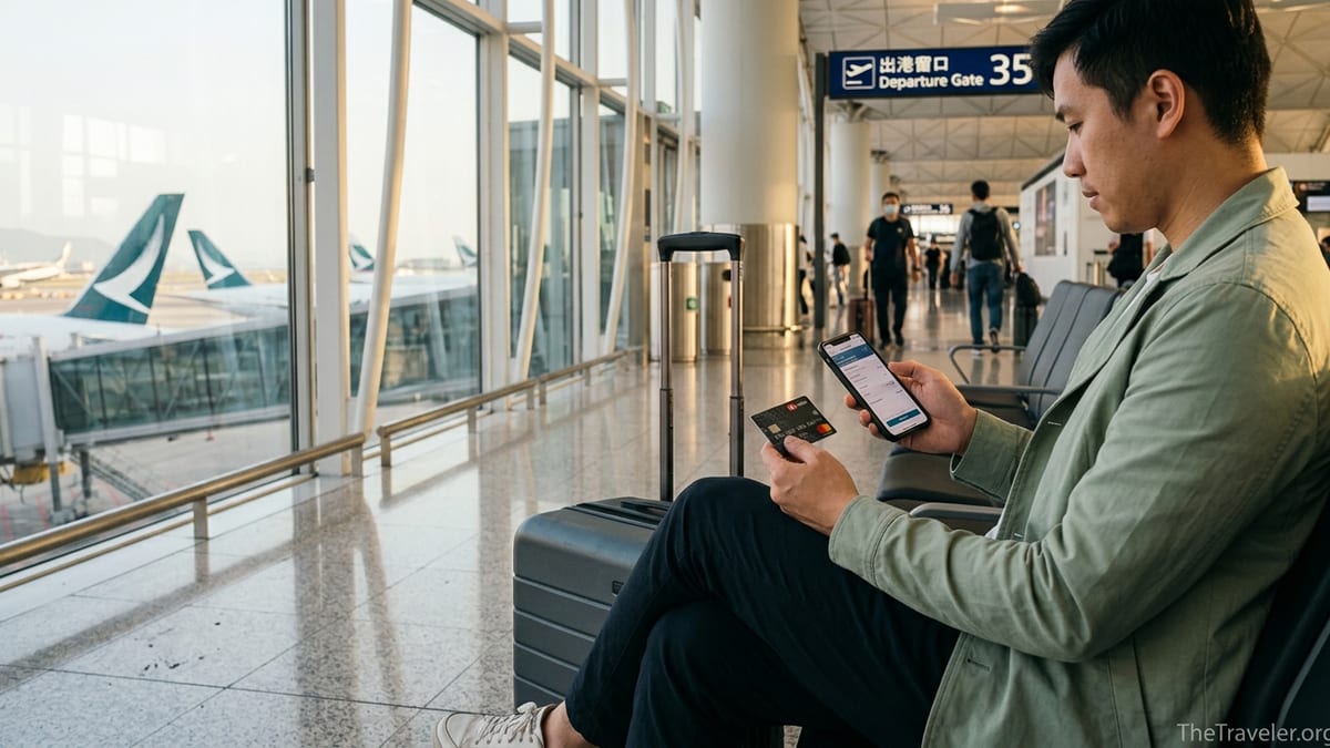 Traveler at Hong Kong airport holding an HSBC EveryMile credit card while booking a trip on a smartphone.