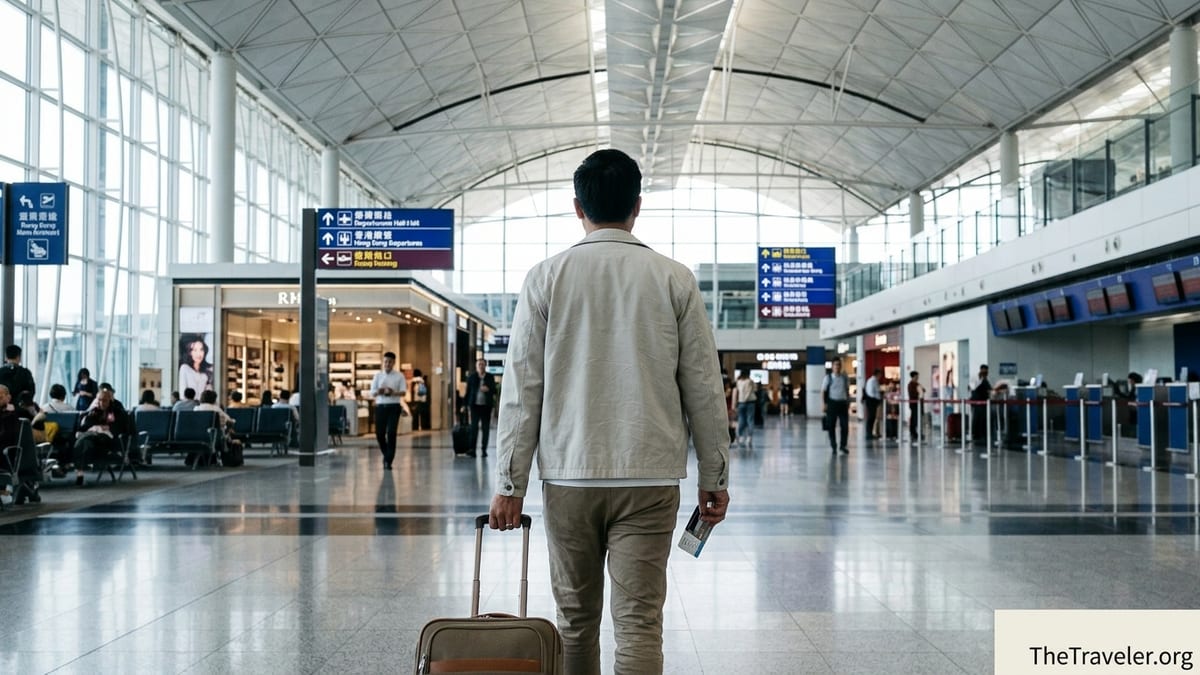 Traveler holding a bank card while walking through Hong Kong International Airport departures hall.