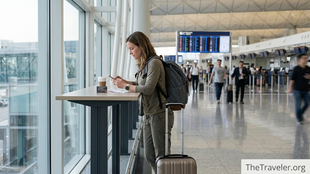 Traveler at Hong Kong airport terminal checking phone with HSBC card and carry-on bag nearby.