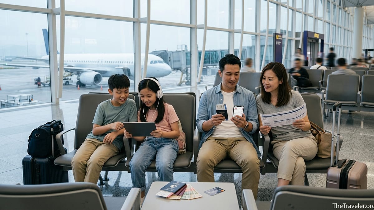 Family using a travel credit card while waiting in an airport lounge.