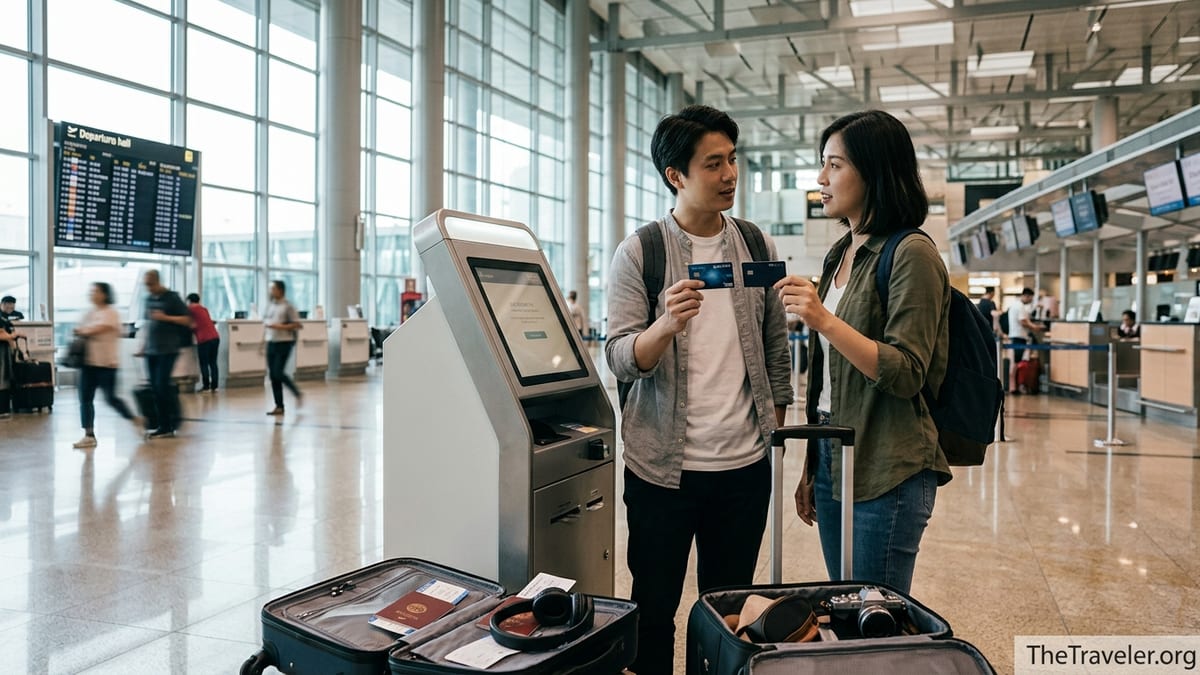 Two travelers at Changi Airport comparing credit cards at a self check-in kiosk.