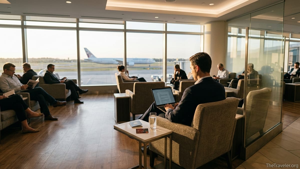 Traveler using an HSBC credit card in a bright airport lounge overlooking the runway.