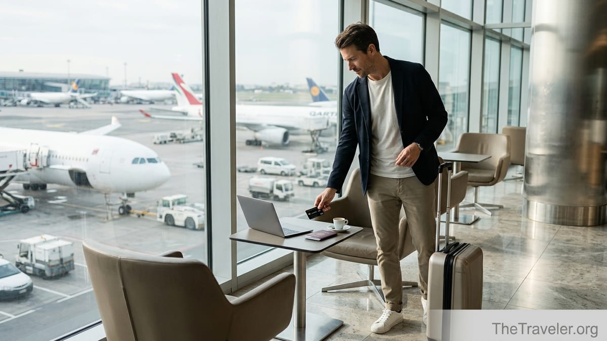 Traveler in an airport lounge placing a black credit card and passport on a table.