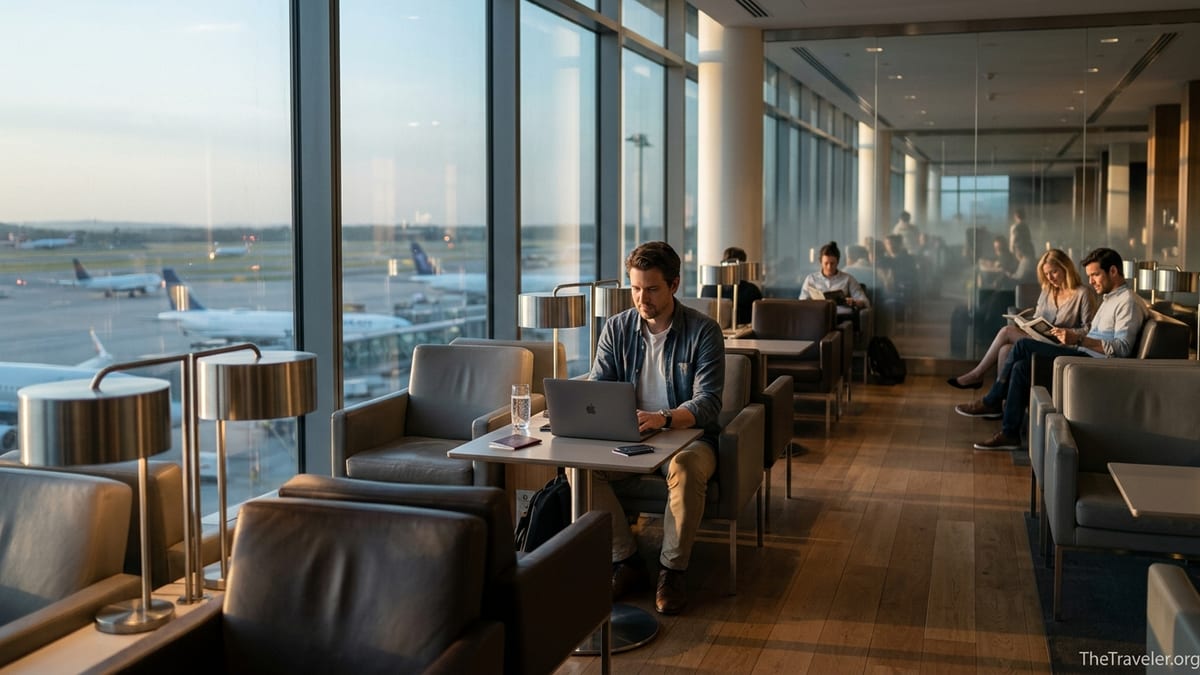 Traveler using a premium credit card while working in an airport lounge at dusk.