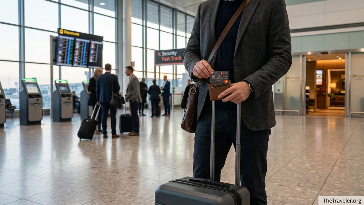 Traveler placing an HSBC World Elite Mastercard into a wallet on a suitcase in a busy airport terminal.