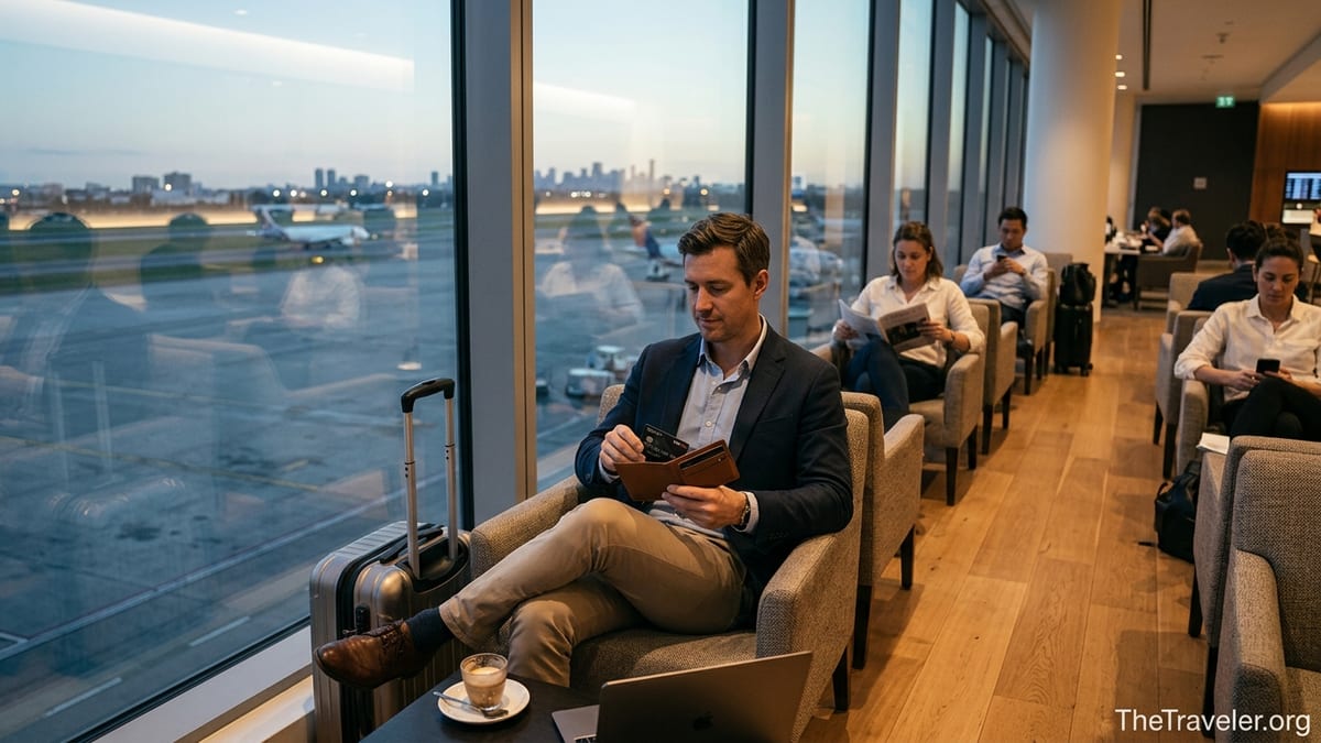 Traveler holding a premium bank card in an airport lounge overlooking the runway at dusk.