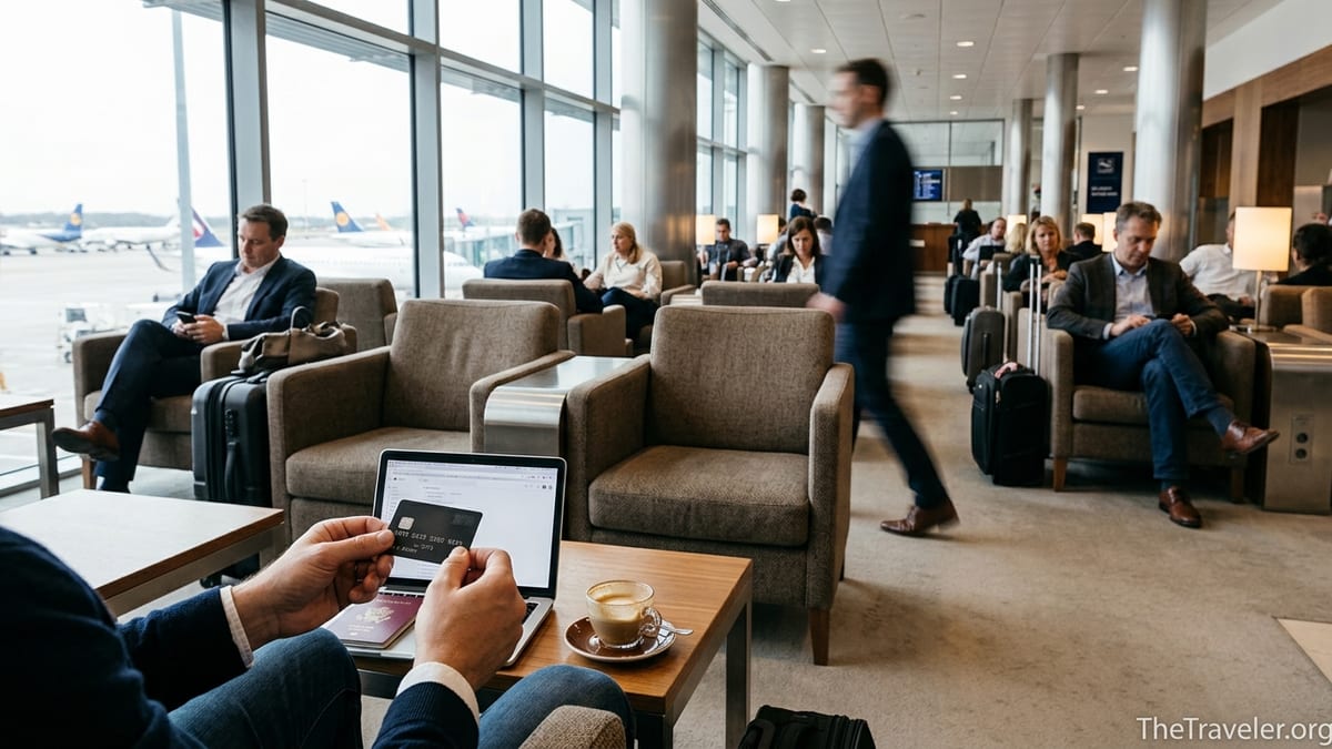 Traveler holding a premium credit card in an airport lounge overlooking the runway.