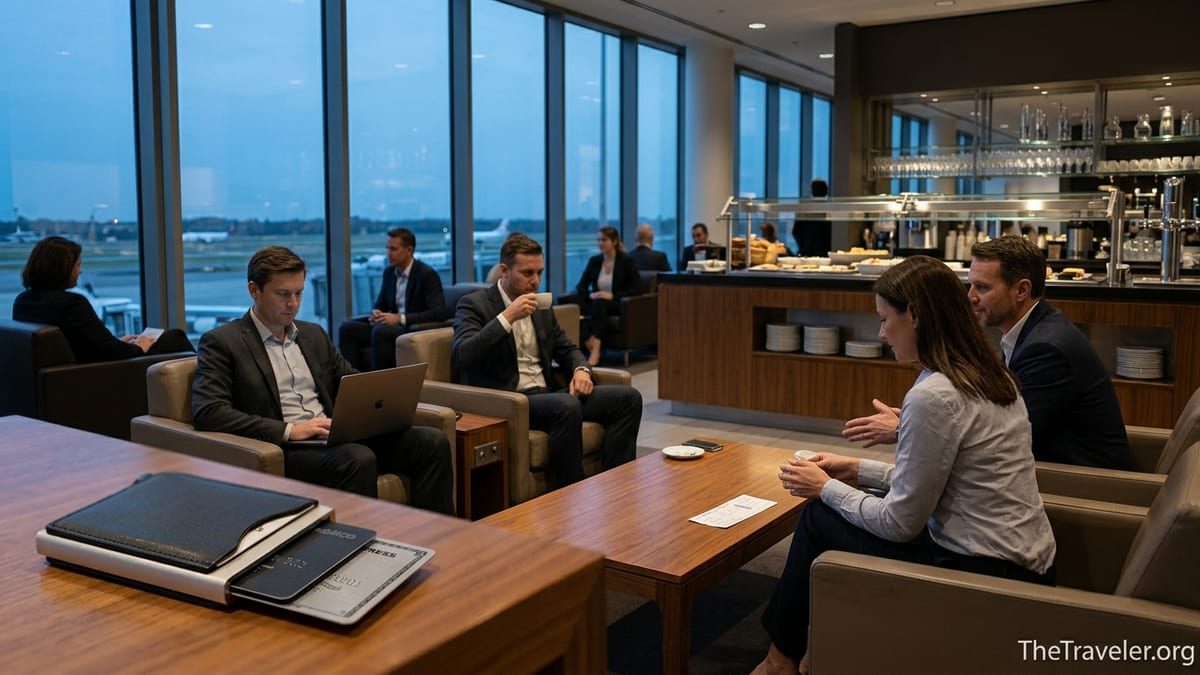 Travelers in an airport lounge with two premium credit cards on a table.